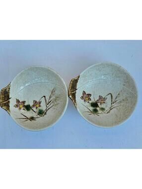 2 Vtg 70s Hand Painted Japanese Pottery Crackle Glaze Floral Bowls Lug Handles